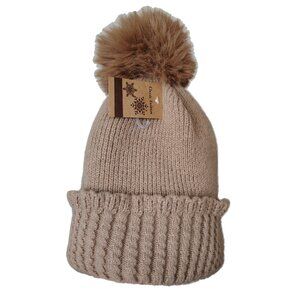 Womens Knit Pom-Pom Beanie OS‎ Tan Brown Fleece Lined Winter Ski Lodge Normcore